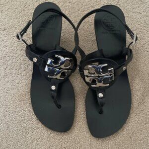 Tory Burch Holly 2 Black Leather Silver Emblem Slingback Heels Sandals Size 8.5